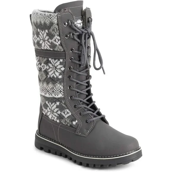 〽️Women's Gray Polar Faux Fur Waterproof Winter Snow Calf Outdoor Walking Boots